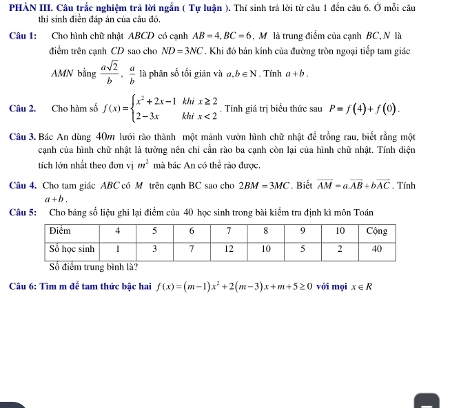 PHÀN III. Câu trắc nghiệm trả lời ngắn ( Tự luận ). Thí sinh trả lời từ câu 1 đến câu 6. Ở mỗi câu 
thí sinh điền đáp án của câu đó. 
Câu 1: Cho hình chữ nhật ABCD có cạnh AB=4, BC=6 , Mô là trung điểm của cạnh BC, N là 
điểm trên cạnh CD sao cho ND=3NC. Khi đó bán kính của đường tròn ngoại tiếp tam giác 
AMN bằng  asqrt(2)/b ,  a/b  là phân số tối giản và a,b∈ N. Tính a+b. 
Câu 2. Cho hàm số f(x)=beginarrayl x^2+2x-1khix≥ 2 2-3xkhix<2endarray.. Tính giá trị biểu thức sau P=f(4)+f(0). 
Câu 3. Bác An dùng 40m lưới rào thành một mảnh vườn hình chữ nhật để trồng rau, biết rằng một 
cạnh của hình chữ nhật là tưởng nên chỉ cần rào ba cạnh còn lại của hình chữ nhật. Tính diện 
tích lớn nhất theo đơn vị m^2 mà bác An có thể rào được, 
Câu 4. Cho tam giác ABC có M trên cạnh BC sao cho 2BM=3MC. Biết vector AM=a.vector AB+bvector AC. Tính
a+b. 
Câu 5: Cho bảng số liệu ghi lại điểm của 40 học sinh trong bài kiểm tra định kì môn Toán 
Câu 6: Tìm m đễ tam thức bậc hai f(x)=(m-1)x^2+2(m-3)x+m+5≥ 0 với mọi x∈ R