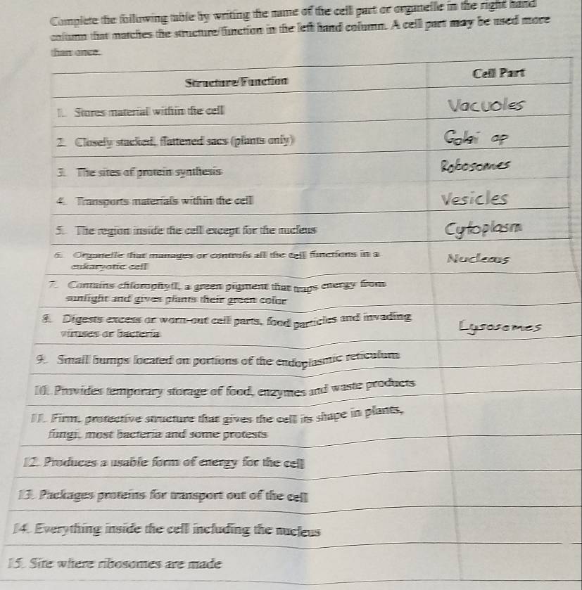 Complete the following table by writing the name of the cell part or orgatelle in the right hand 
column that matches the structure/function in the left hand column. A cell part may be ased move 
1 
3 
4. 
15. Site where ribosomes are made