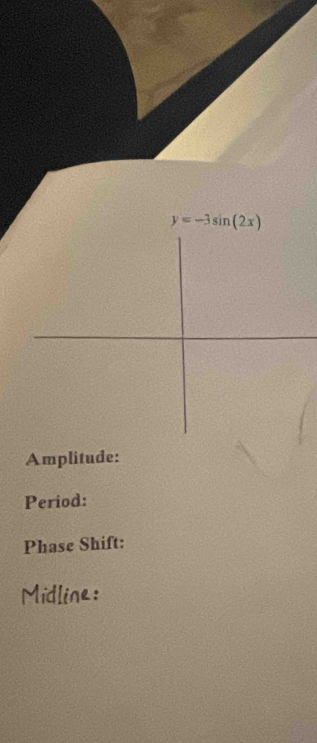 y=-3sin (2x)
Amplitude: 
Period: 
Phase Shift: 
Midline: