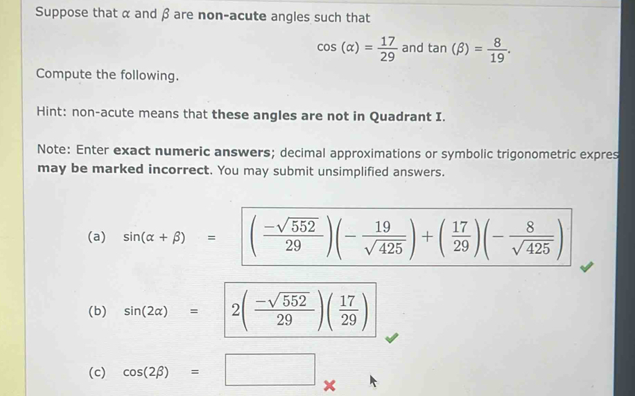 Solved: Suppose that α and β are non-acute angles such that cos (alpha ...