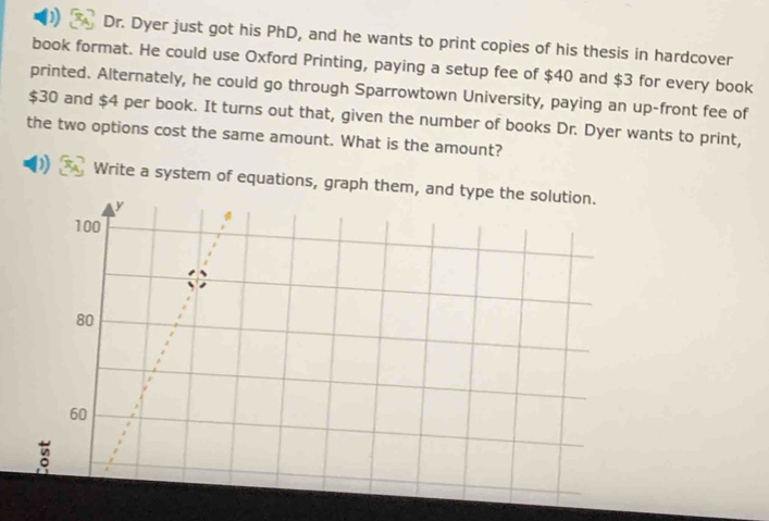 ) Dr. Dyer just got his PhD, and he wants to print copies of his thesis in hardcover 
book format. He could use Oxford Printing, paying a setup fee of $40 and $3 for every book 
printed. Alternately, he could go through Sparrowtown University, paying an up-front fee of
$30 and $4 per book. It turns out that, given the number of books Dr. Dyer wants to print, 
the two options cost the same amount. What is the amount? 
D) Write a system of equations, graph th