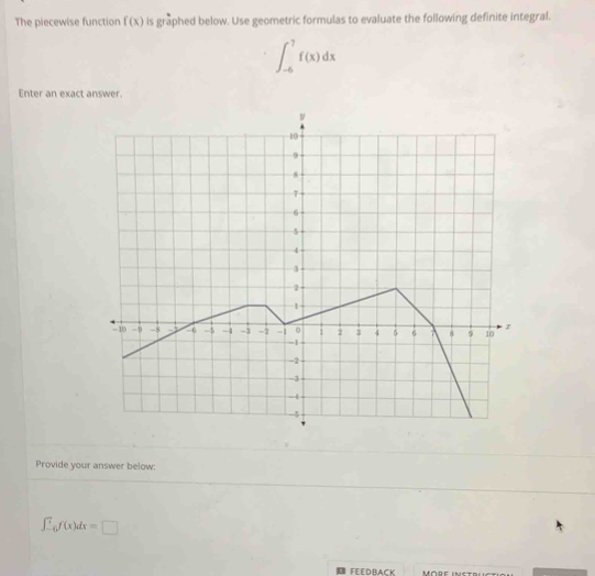 The piecewise function f(x) is graphed below. Use geometric formulas to evaluate the following definite integral.
∈t _(-6)^7f(x)dx
Enter an exact answer. 
Provide your answer below:
∈t _(-6)^7f(x)dx=□
FEEDBACK