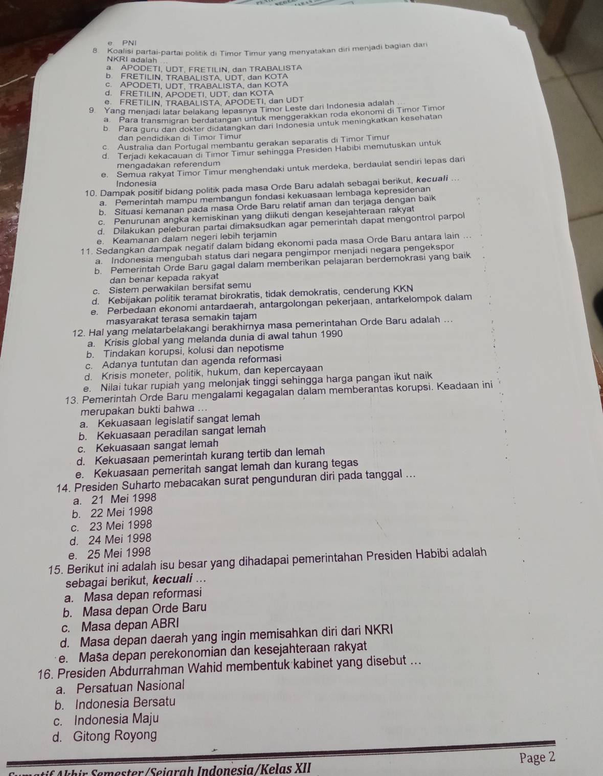 PNI
8. Koalisi partai-partai politik di Timor Timur yang menyatakan diri menjadi bagian dar
NKRI adalah
a APODETI, UDT, FRETILIN, dan TRABALISTA
b FRETILIN, TRABALISTA, UDT, dan KOTA
c. APODETI, UDT. TRABALISTA, dan KOTA
d. FRETILIN, APODETI, UDT, dan KOTA
e FRETILIN, TRABALISTA, APODETI, dan UDT
9. Yang menjadi latar belakang lepasnya Timor Leste dari Indonesia adalah
a. Para transmigran berdatangan untuk menggerakkan roda ekonomi di Timor Timor
b. Para guru dan dokter didatangkan dari Indonesia untuk meningkatkan kesehatan
dan pendidikan di Timor Timur
c. Australia dan Portugal membantu gerakan separatis di Timor Timur
d. Terjadi kekacauan di Timor Timur sehingga Presiden Habibi memutuskan untuk
mengadakan referendum
e. Semua rakyat Timor Timur menghendaki untuk merdeka, berdaulat sendiri lepas dari
Indonesia
10. Dampak positif bidang politik pada masa Orde Baru adalah sebagai berikut, kecuali ..
a. Pemerintah mampu membangun fondasi kekuasaan lembaga kepresidenan
b. Situasi kemanan pada masa Orde Baru relatif aman dan terjaga dengan baik
c. Penurunan angka kemiskinan yang diikuti dengan kesejahteraan rakyat
d. Dilakukan peleburan partai dimaksudkan agar pemerintah dapat mengontrol parpol
e. Keamanan dalam negeri lebih terjamin
11. Sedangkan dampak negatif dalam bidang ekonomi pada masa Orde Baru antara lain
a. Indonesia mengubah status dari negara pengimpor menjadi negara pengekspor
b. Pemerintah Orde Baru gagal dalam memberikan pelajaran berdemokrasi yang baik
dan benar kepada rakyat
c. Sistem perwakilan bersifat semu
d. Kebijakan politik teramat birokratis, tidak demokratis, cenderung KKN
e. Perbedaan ekonomi antardaerah, antargolongan pekerjaan, antarkelompok dalam
masyarakat terasa semakin tajam
12. Hal yang melatarbelakangi berakhirnya masa pemerintahan Orde Baru adalah ...
a. Krisis global yang melanda dunia di awal tahun 1990
b. Tindakan korupsi, kolusi dan nepotisme
c. Adanya tuntutan dan agenda reformasi
d. Krisis moneter, politik, hukum, dan kepercayaan
e. Nilai tukar rupiah yang melonjak tinggi sehingga harga pangan ikut naik
13. Pemerintah Orde Baru mengalami kegagalan dalam memberantas korupsi. Keadaan ini
merupakan bukti bahwa ...
a. Kekuasaan legislatif sangat lemah
b. Kekuasaan peradilan sangat lemah
c. Kekuasaan sangat lemah
d. Kekuasaan pemerintah kurang tertib dan lemah
e. Kekuasaan pemeritah sangat lemah dan kurang tegas
14. Presiden Suharto mebacakan surat pengunduran diri pada tanggal ...
a. 21 Mei 1998
b. 22 Mei 1998
c. 23 Mei 1998
d. 24 Mei 1998
e. 25 Mei 1998
15. Berikut ini adalah isu besar yang dihadapai pemerintahan Presiden Habibi adalah
sebagai berikut, kecuali ...
a. Masa depan reformasi
b. Masa depan Orde Baru
c. Masa depan ABRI
d. Masa depan daerah yang ingin memisahkan diri dari NKRI
e. Maša depan perekonomian dan kesejahteraan rakyat
16. Presiden Abdurrahman Wahid membentuk kabinet yang disebut ...
a. Persatuan Nasional
b. Indonesia Bersatu
c. Indonesia Maju
d. Gitong Royong
Page 2
f Akhir Semester/Seiarah Indonesia/Kelas XII