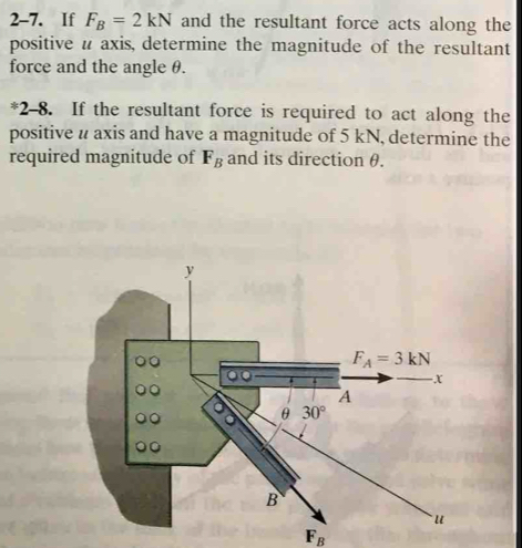 2-7. If F_B=2kN and the resultant force acts along the
positive n axis, determine the magnitude of the resultant
force and the angle θ.
*2-8. If the resultant force is required to act along the
positive u axis and have a magnitude of 5 kN, determine the
required magnitude of F_B and its direction θ.
F_B