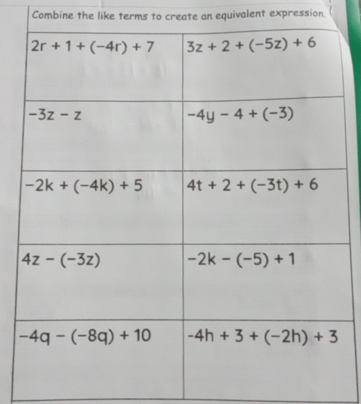 Combine the like terms to create an equivalent expression.