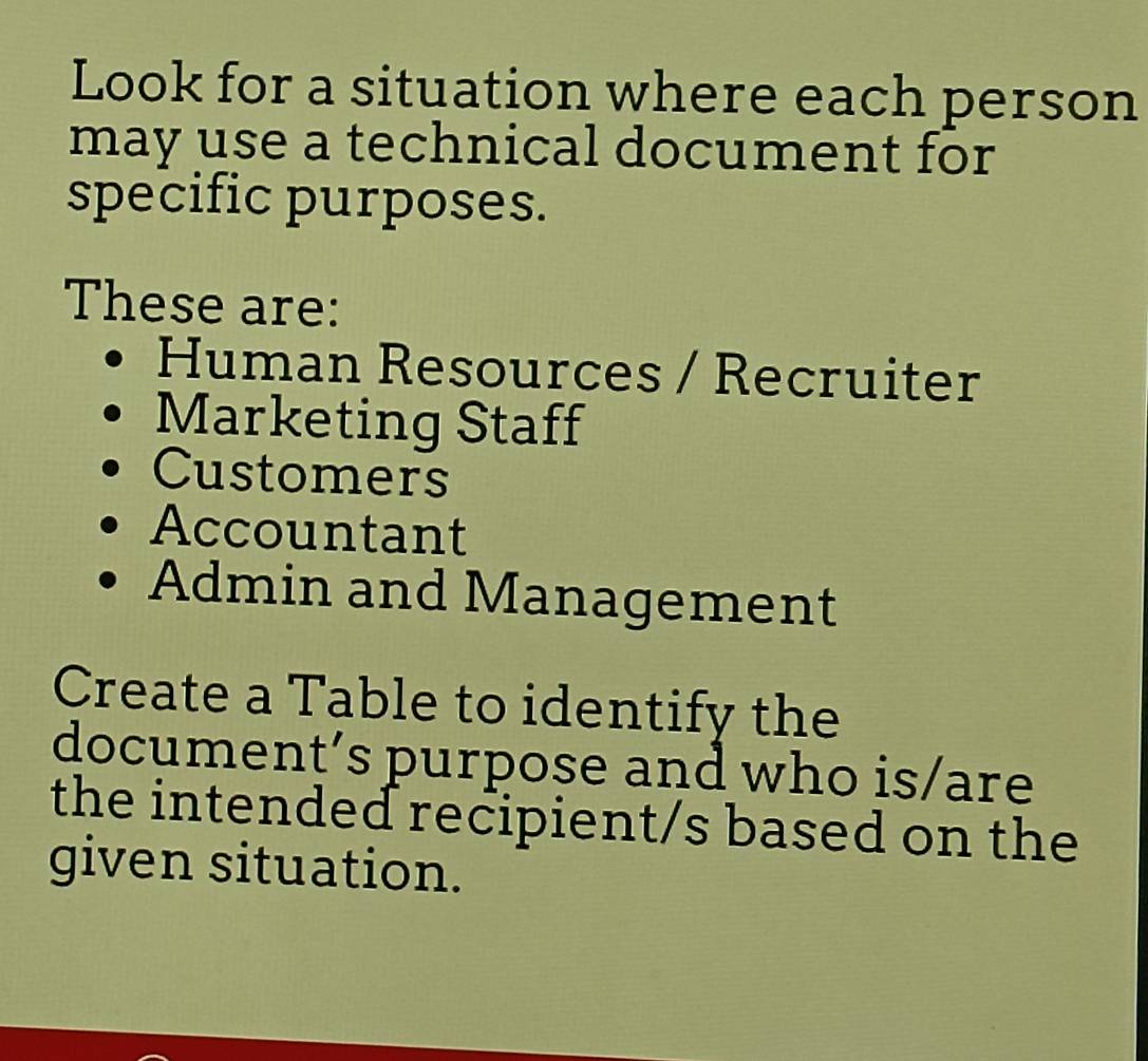 Look for a situation where each person 
may use a technical document for 
specific purposes. 
These are: 
Human Resources / Recruiter 
Marketing Staff 
Customers 
Accountant 
Admin and Management 
Create a Table to identify the 
document’s purpose and who is/are 
the intended recipient/s based on the 
given situation.