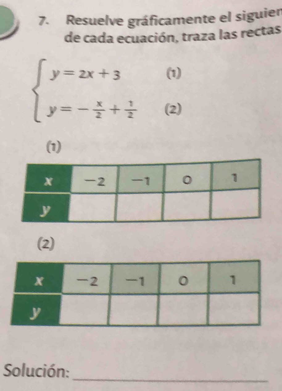 Resuelve gráficamente el siguier 
de cada ecuación, traza las rectas
beginarrayl y=2x+3 y=- x/2 + 1/2 endarray.
(1) 
(2) 
(1) 
(2) 
Solución:_