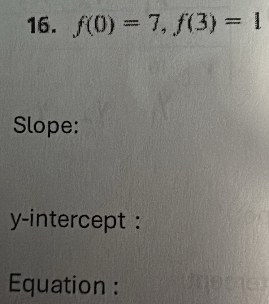 f(0)=7, f(3)=1
Slope: 
y-intercept : 
Equation :