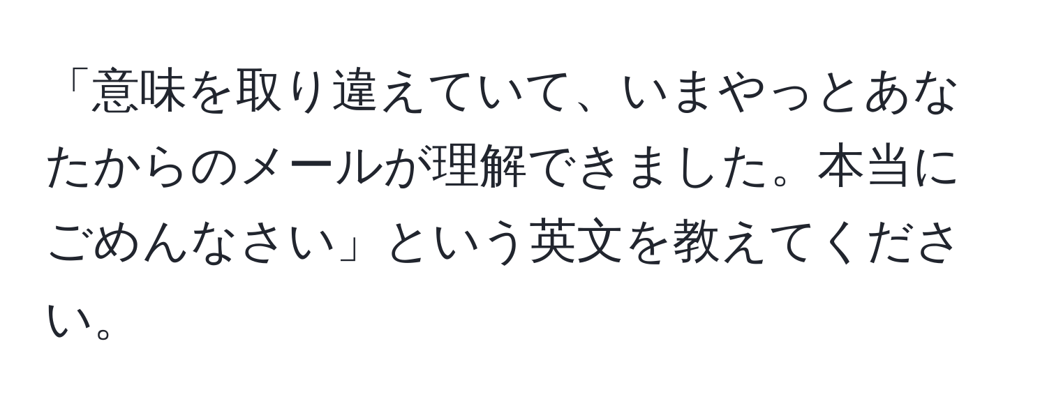 「意味を取り違えていて、いまやっとあなたからのメールが理解できました。本当にごめんなさい」という英文を教えてください。