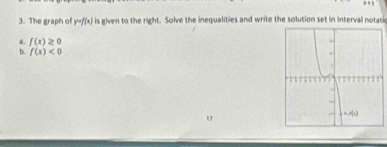 The graph of y=f(x) is given to the right. Solve the inequalities and write the solution set in interval notatic
a. f(x)≥ 0
b. f(x)<0</tex>
17