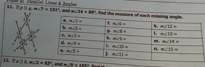 1ople 2: Parallel Lines & Angles
11. If p||q,m∠ 7=131° , and m∠ 16=88° , find the measu
12. If a||b,m∠ 2=63° d m∠ 9=105° fr