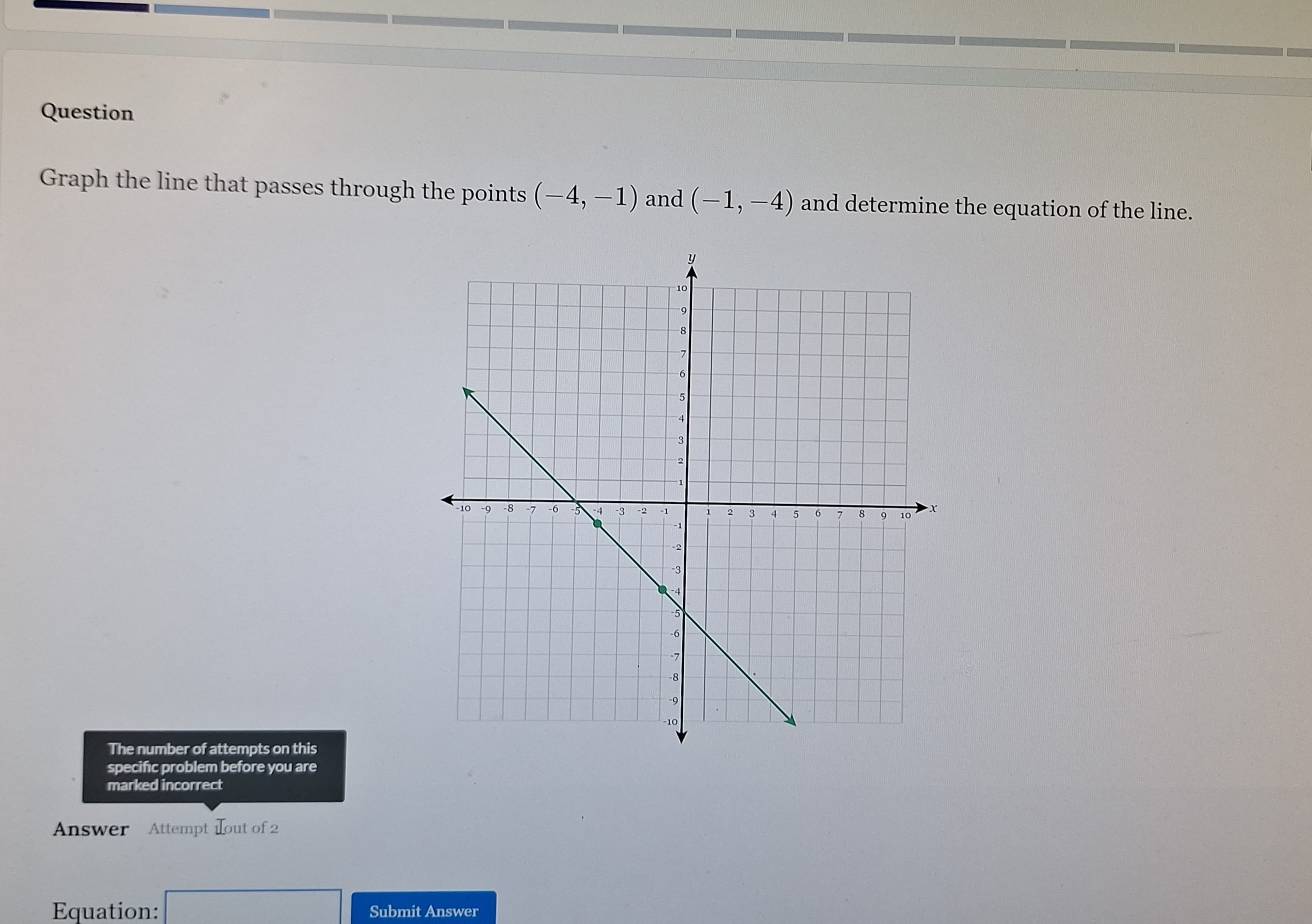 Question 
Graph the line that passes through the points (-4,-1) and (-1,-4) and determine the equation of the line. 
The number of attempts on this 
specific problem before you are 
marked incorrect 
Answer Attempt out of 2 
Equation: Submit Answer