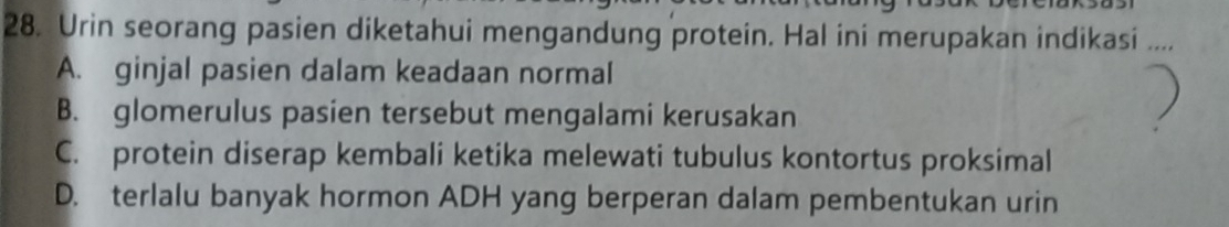 Urin seorang pasien diketahui mengandung protein. Hal ini merupakan indikasi_
A. ginjal pasien dalam keadaan normal
B. glomerulus pasien tersebut mengalami kerusakan
C. protein diserap kembali ketika melewati tubulus kontortus proksimal
D. terlalu banyak hormon ADH yang berperan dalam pembentukan urin