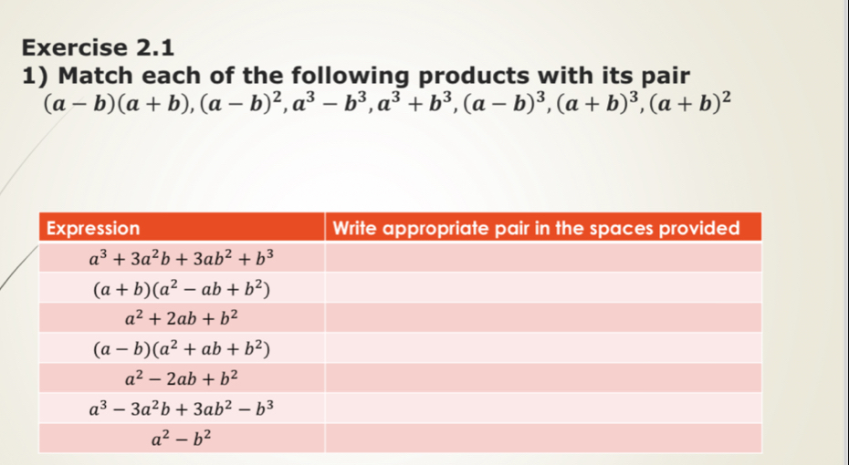 Match each of the following products with its pair
(a-b)(a+b),(a-b)^2,a^3-b^3,a^3+b^3,(a-b)^3,(a+b)^3,(a+b)^2