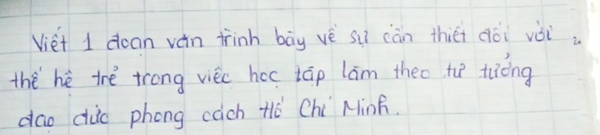 Viet I dean van trinh bāy vè su càn thiéi dói voi 
the hè trè trong viec hac tāp làm theo tu tièng 
dao dic phong cách Hò Chi MinF.