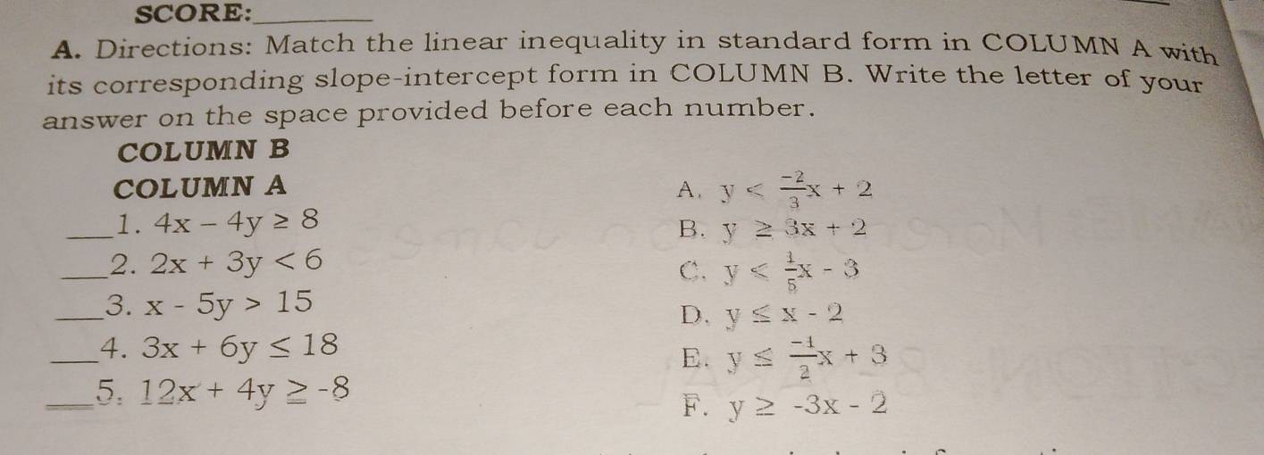 SCORE:_
A. Directions: Match the linear inequality in standard form in COLUMN A with
its corresponding slope-intercept form in COLUMN B. Write the letter of your
answer on the space provided before each number.
COLUMN B
COLUMN A A. y
_1. 4x-4y≥ 8 B. y≥ 3x+2
_2. 2x+3y<6</tex> C. y≤slant  1/5 x-3
_3. x-5y>15
D. y≤ x-2
_4. 3x+6y≤ 18
E. y≤  (-4)/2 x+3
_5. 12x+4y≥ -8
F. y≥ -3x-2