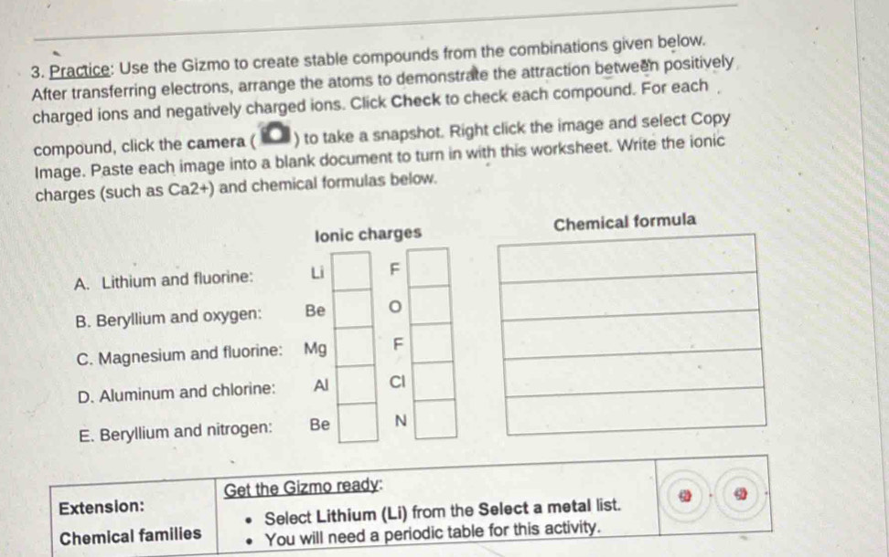 Practice: Use the Gizmo to create stable compounds from the combinations given below. 
After transferring electrons, arrange the atoms to demonstrate the attraction between positively 
charged ions and negatively charged ions. Click Check to check each compound. For each 
compound, click the camera (▲ ) to take a snapshot. Right click the image and select Copy 
Image. Paste each image into a blank document to turn in with this worksheet. Write the ionic 
charges (such as Ca2+) and chemical formulas below. 
Ionic chargesChemical formula 
A. Lithium and fluorine: L 
B. Beryllium and oxygen: B 
C. Magnesium and fluorine: M 
D. Aluminum and chlorine: 
E. Beryllium and nitrogen: B 
Get the Gizmo ready: 
Extension: 
Select Lithium (Li) from the Select a metal list. 
Chemical families You will need a periodic table for this activity.