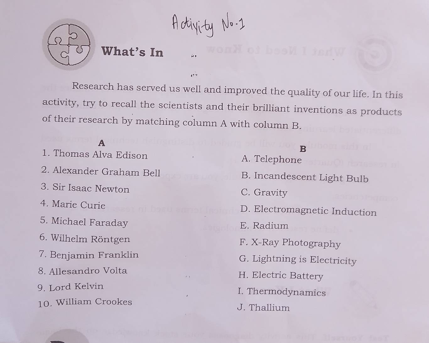 What’s In
Research has served us well and improved the quality of our life. In this
activity, try to recall the scientists and their brilliant inventions as products
of their research by matching column A with column B.
A
B
1. Thomas Alva Edison A. Telephone
2. Alexander Graham Bell B. Incandescent Light Bulb
3. Sir Isaac Newton C. Gravity
4. Marie Curie D. Electromagnetic Induction
5. Michael Faraday E. Radium
6. Wilhelm Röntgen F. X-Ray Photography
7. Benjamin Franklin G. Lightning is Electricity
8. Allesandro Volta H. Electric Battery
9. Lord Kelvin I. Thermodynamics
10. William Crookes J. Thallium