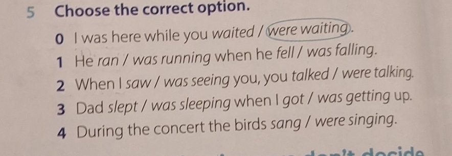 Choose the correct option. 
0 I was here while you waited / were waiting . 
1 He ran / was running when he fell / was falling. 
2 When I saw / was seeing you, you talked / were talking. 
3 Dad slept / was sleeping when I got / was getting up. 
4 During the concert the birds sang / were singing.