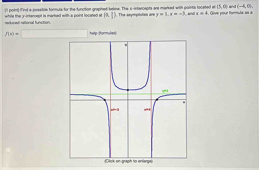 Find a possible formula for the function graphed below. The x-intercepts are marked with points located at (5,0) and (-4,0),
while the y-intercept is marked with a point located at (0, 5/3 ). The asymptotes are y=1,x=-3 , and x=4. Give your formula as a
reduced rational function.
f(x)=□ help (formulas)