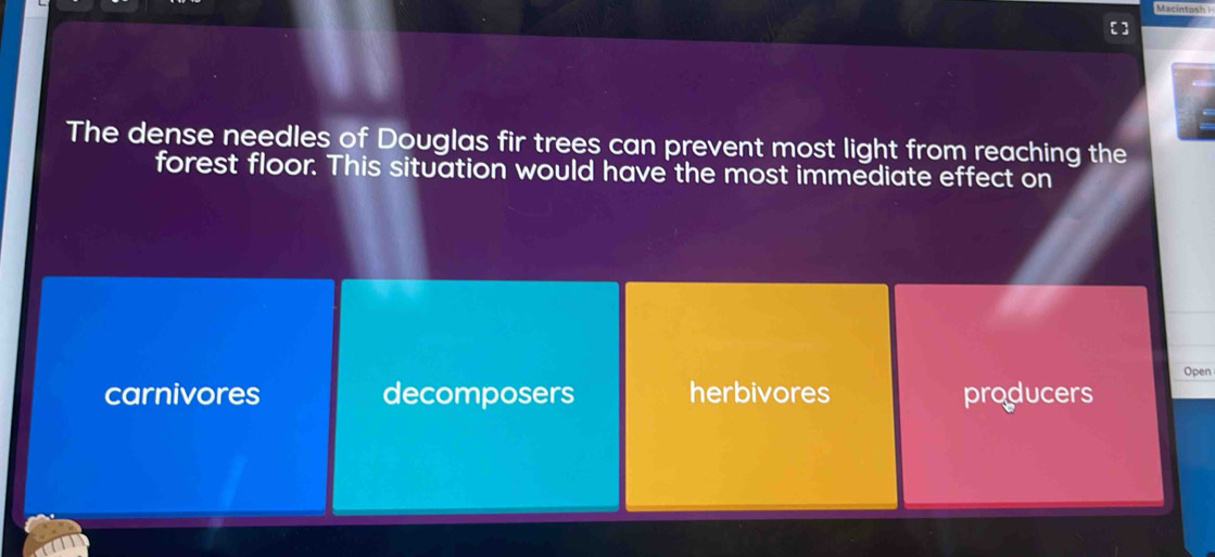 [
The dense needles of Douglas fir trees can prevent most light from reaching the
forest floor. This situation would have the most immediate effect on
Open
carnivores decomposers herbivores producers