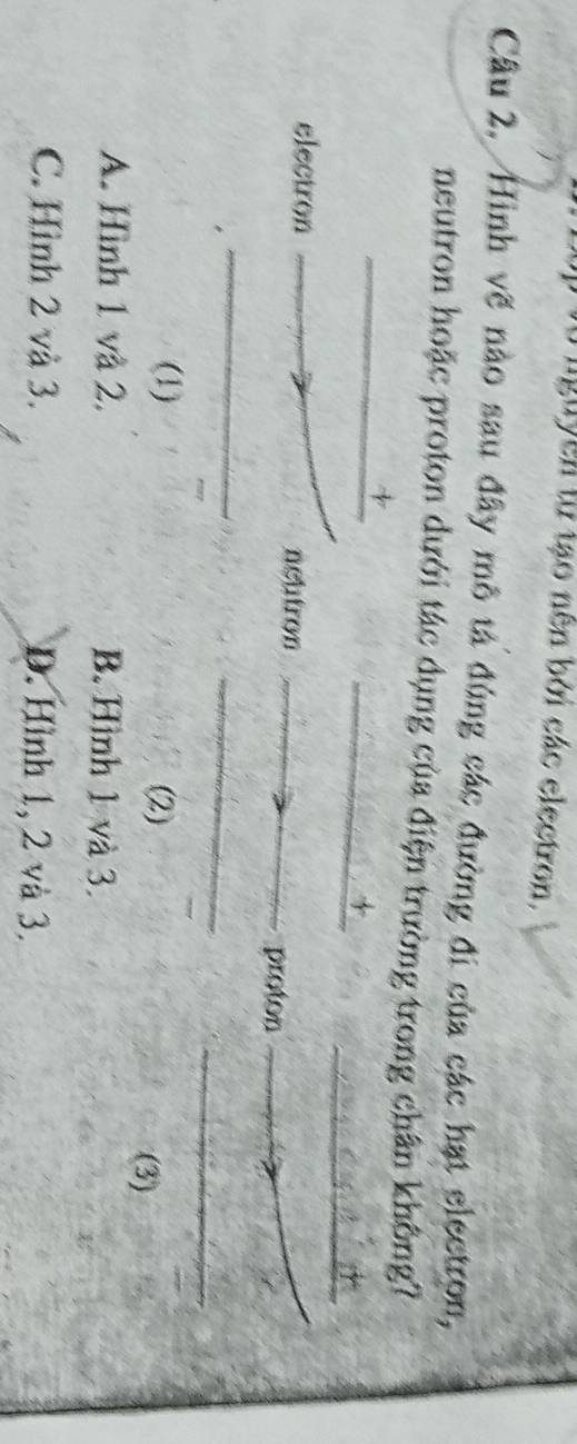 nguyen từ tạo nên bởi các electron,
Câu 2. Hình về nào sau đây mô tả đúng các đường đi của các hạt electron,
neutron hoặc proton dưới tác dụng của điện trường trong chân không?
_
_*
electron nehtron_
proton
_
_
_
(1) (2) (3)
A. Hình 1 và 2. B. Hình 1 và 3.
C. Hình 2 và 3. D. Hình 1, 2 và 3.