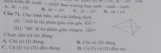 △ DEF co AB=DE, AC=DF. 1 im
điều kiện đề △ ABC=△ DEF theo trường hợp canh-canh-canh.
A. BC=DE B. BC=EF C. AC=EF D. AB=DF. 
Câu 71. Cho hình bên, xét các khẳng định:
(I). “ AD là tia phân giác của góc widehat BAC''
(II). '' BC là tia phân giác củagóc widehat ABD"
Chọn câu trả lời đúng:
A. Chỉ có (I) đúng. B. Chỉ có (II) đúng.
C. Cả (I) và (II) đều đúng. D. Cả (I) và (II) đều sai.