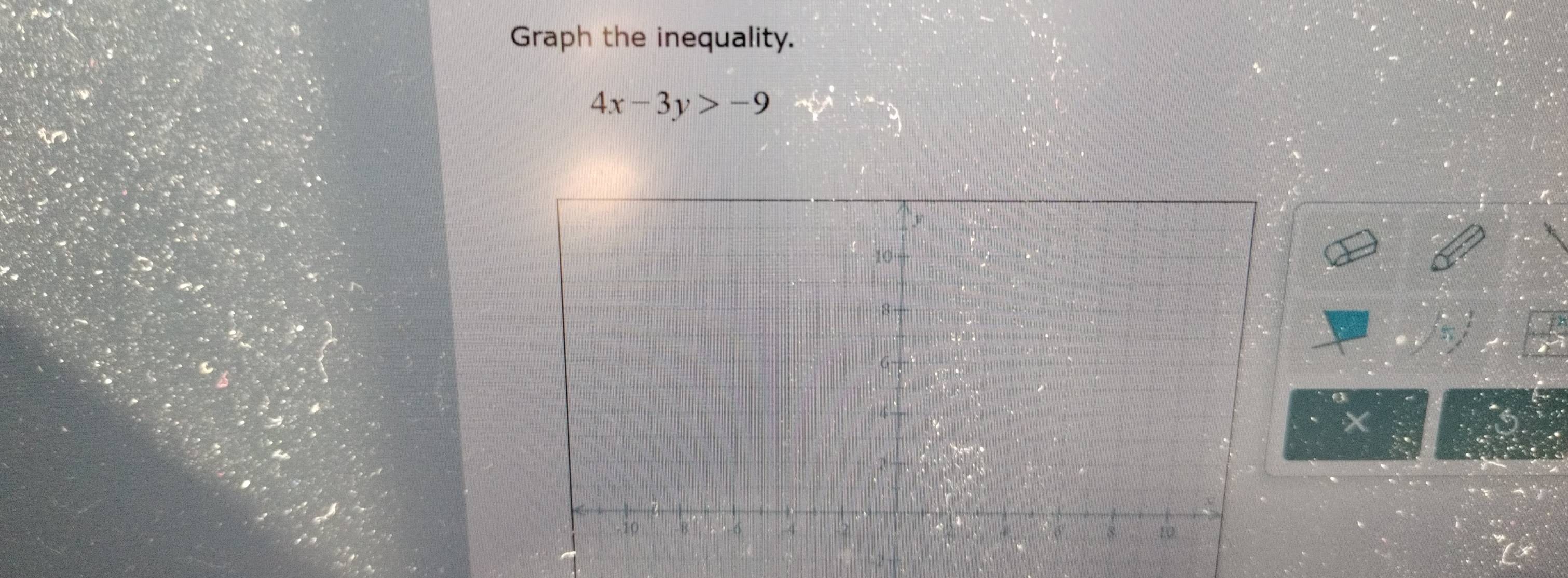 Graph the inequality.
4x-3y>-9
1
X