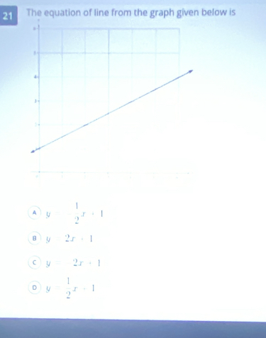 The equation of line from the graph given below is
A y= 1/2 x+1
8 y-2x+1
C y=2x+1
D y- 1/2 x+1