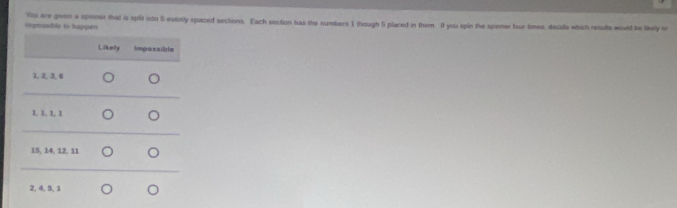 imposadle to happen You are gven a spinner that is split into 5 evenly spaced sections. Each section bas the numbers 1 though 5 placed in them. I you spin the spinner four times, decide which ressits would be likely or