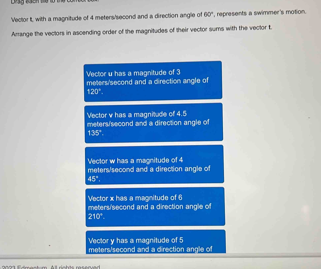 Solved: Drag each tile to thể cor Vector t, with a magnitude of 4 ...