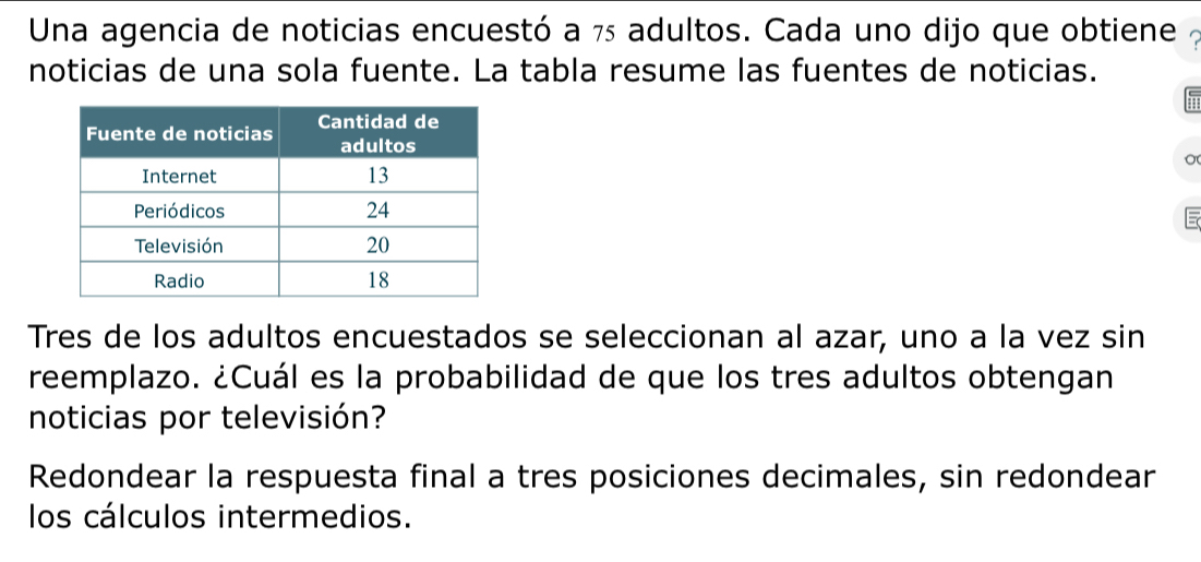 Una agencia de noticias encuestó a 7 adultos. Cada uno dijo que obtiene
noticias de una sola fuente. La tabla resume las fuentes de noticias.
。
Tres de los adultos encuestados se seleccionan al azar, uno a la vez sin
reemplazo. ¿Cuál es la probabilidad de que los tres adultos obtengan
noticias por televisión?
Redondear la respuesta final a tres posiciones decimales, sin redondear
los cálculos intermedios.