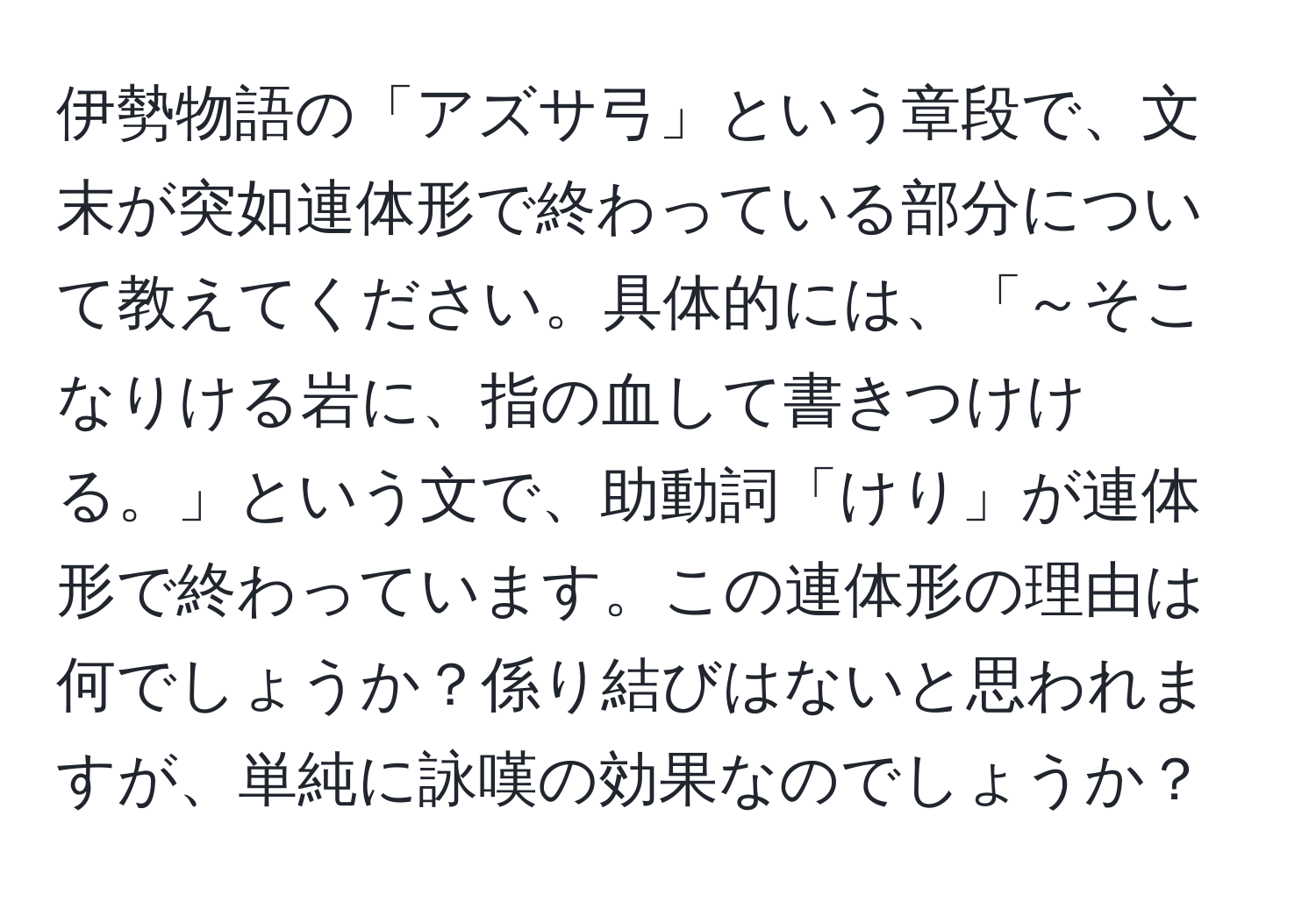 伊勢物語の「アズサ弓」という章段で、文末が突如連体形で終わっている部分について教えてください。具体的には、「～そこなりける岩に、指の血して書きつけける。」という文で、助動詞「けり」が連体形で終わっています。この連体形の理由は何でしょうか？係り結びはないと思われますが、単純に詠嘆の効果なのでしょうか？