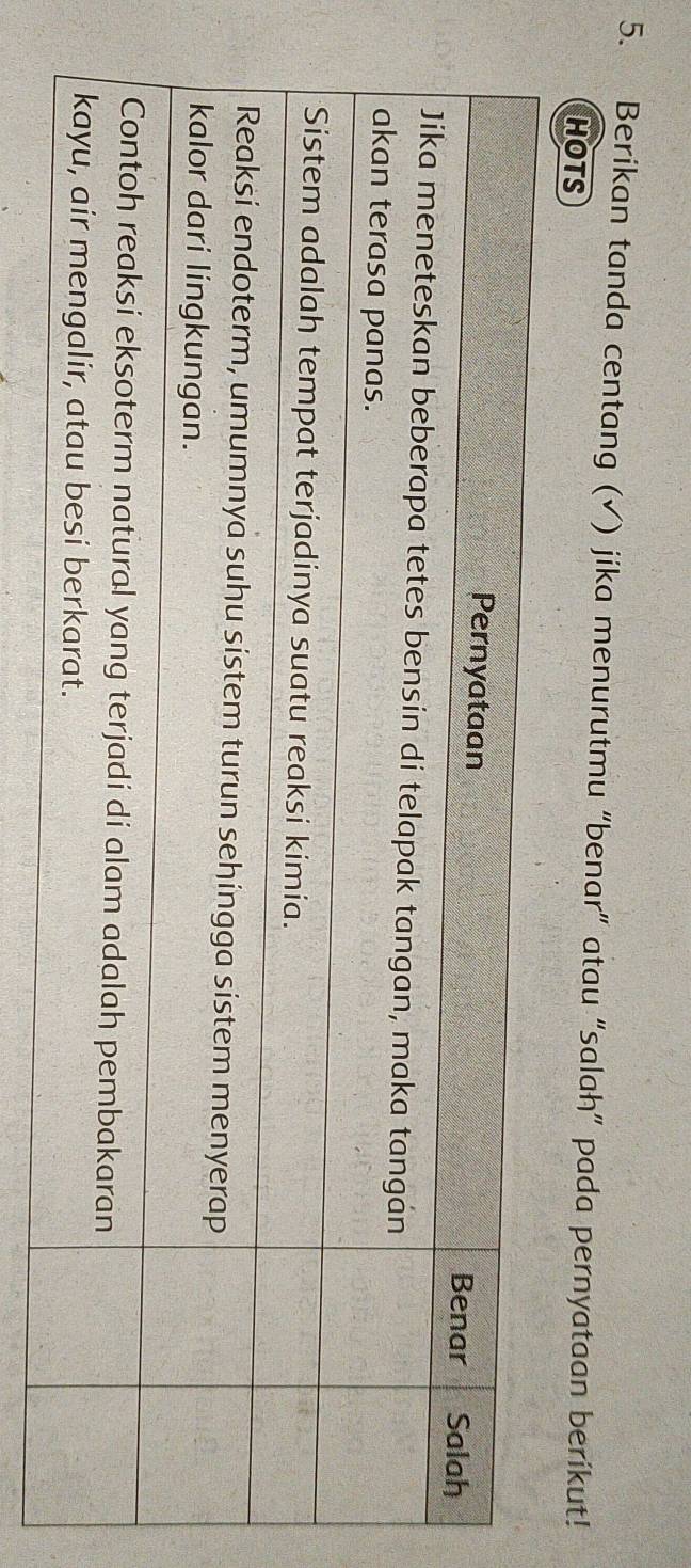 Berikan tanda centang (√) jika menurutmu “benar” atau “salah” pada pernyataan berikut! 
HOTS