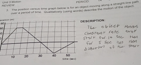 Motion 
REVIEW PERIOD: 
3. The position versus time graph below is for an object moving along a straight-line path 
over a period of time. Qualitatively (using words) describe the motion of the object. 
position (m) 
DESCRIPTION:
80
60
0
50
10 20 30 40 time (sec)