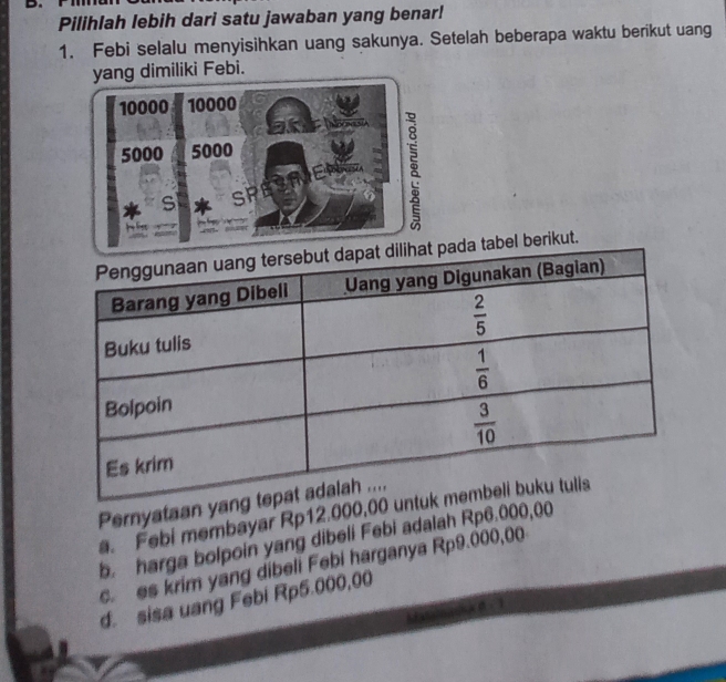 Pilihlah lebih dari satu jawaban yang benar!
1. Febi selalu menyisihkan uang sakunya. Setelah beberapa waktu berikut uang
yang dimiliki Febi.
10000 10000
5000 5000
E as 8
SPE
rikut.
Pernyata
a. Febi membayar Rp12.0
b. harga bolpoin yang dibeli Febi adalah Rp6.00
c es krim yang dibeli Febi harganya Rp9.000,00
d. sisa uang Febi Rp5.000,00