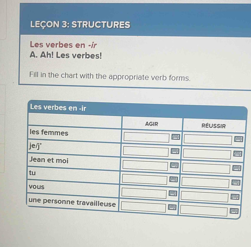 LEÇON 3: STRUCTURES 
Les verbes en -ir 
A. Ah! Les verbes! 
Fill in the chart with the appropriate verb forms.