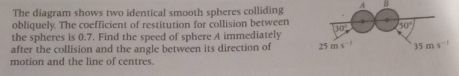 The diagram shows two identical smooth spheres colliding A B
obliquely. The coefficient of restitution for collision between
the spheres is 0.7. Find the speed of sphere A immediately
after the collision and the angle between its direction of 
motion and the line of centres.