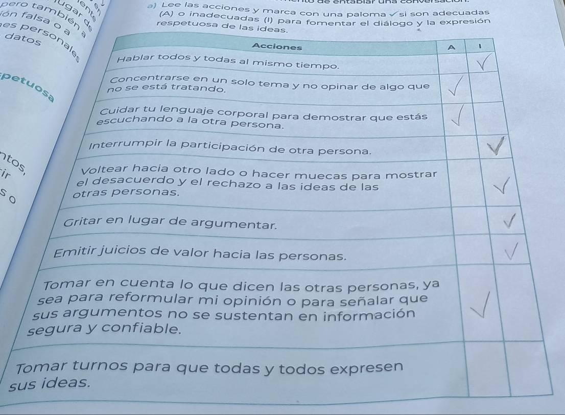 Lee las acciones y marca con una paloma √si son adecuadas 
ugar 
pero tambi 
(A) o inadecuadas (I) p
fn falsa 
es da 
pe 
to 
ir 
so 
T 
s