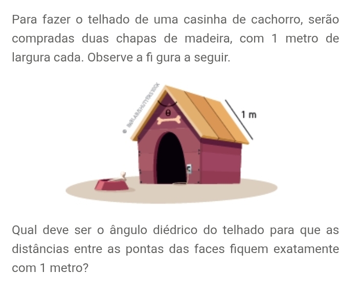 Para fazer o telhado de uma casinha de cachorro, serão 
compradas duas chapas de madeira, com 1 metro de 
largura cada. Observe a fi gura a seguir. 
Qual deve ser o ângulo diédrico do telhado para que as 
distâncias entre as pontas das faces fiquem exatamente 
com 1 metro?