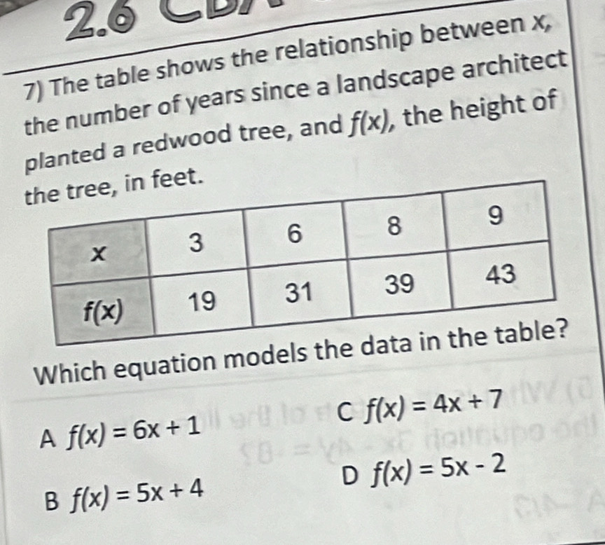 2.6 CD7
7) The table shows the relationship between x,
the number of years since a landscape architect
planted a redwood tree, and f(x) , the height of
et.
Which equation models t
C f(x)=4x+7
A f(x)=6x+1
D f(x)=5x-2
B f(x)=5x+4