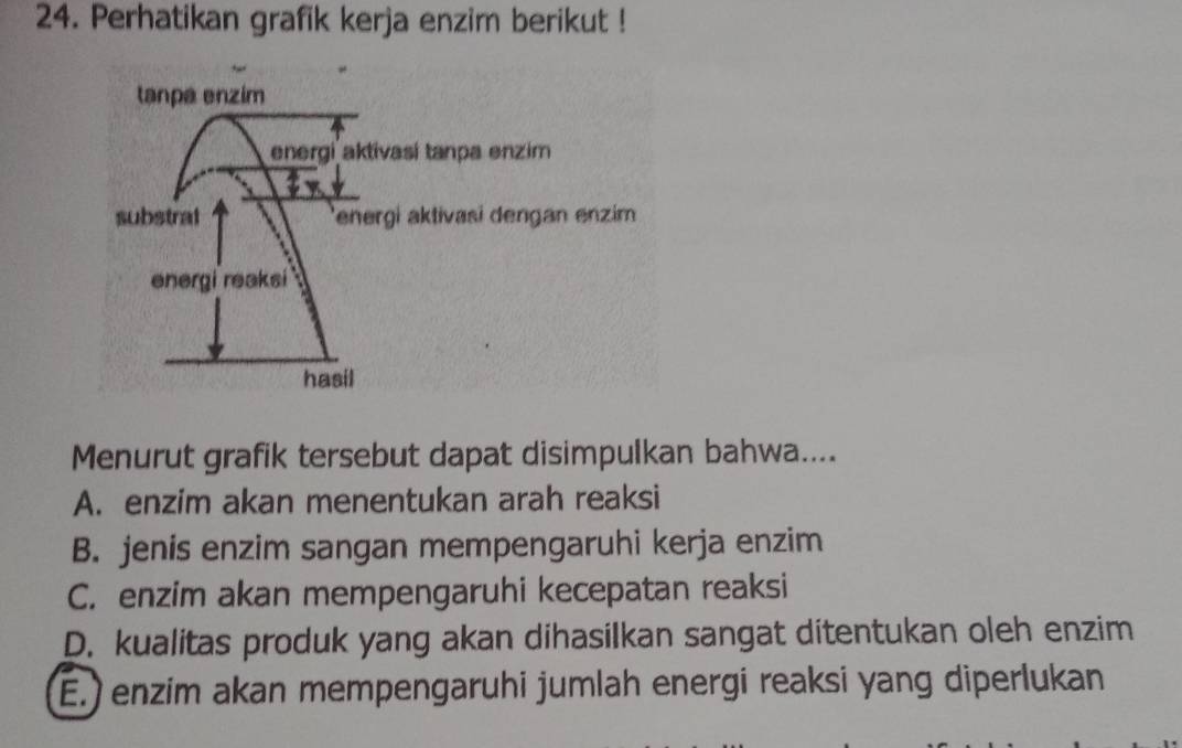 Perhatikan grafik kerja enzim berikut !
Menurut grafik tersebut dapat disimpulkan bahwa....
A. enzim akan menentukan arah reaksi
B. jenis enzim sangan mempengaruhi kerja enzim
C. enzim akan mempengaruhi kecepatan reaksi
D. kualitas produk yang akan dihasilkan sangat ditentukan oleh enzim
E.) enzim akan mempengaruhi jumlah energi reaksi yang diperlukan