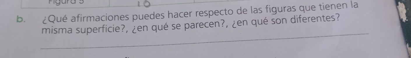 Figura 5 
b. ¿Qué afirmaciones puedes hacer respecto de las figuras que tienen la 
_ 
misma superficie?, ¿en qué se parecen?, ¿en qué son diferentes?