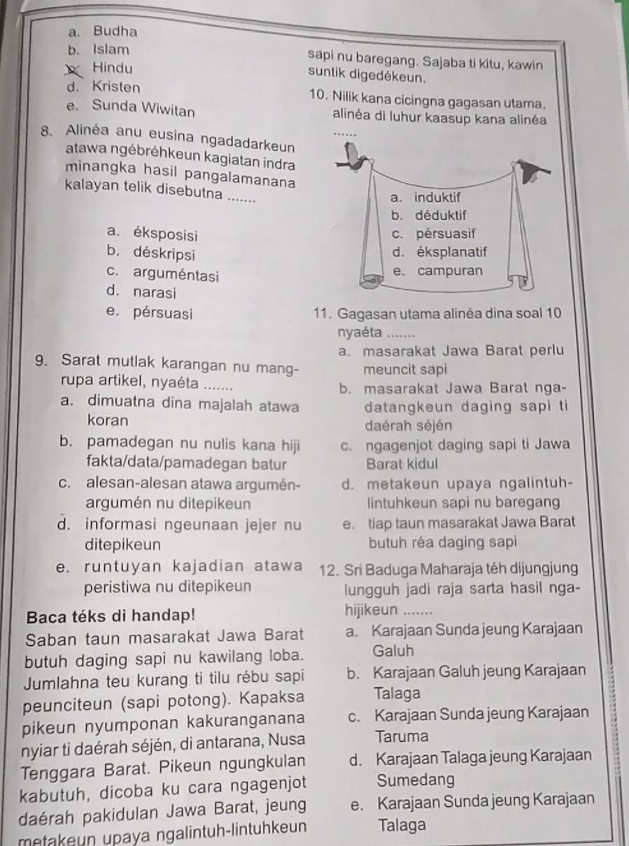 a. Budha
b. Islam sapi nu baregang. Sajaba ti kitu, kawin
Hindu
suntik digedékeun.
d. Kristen 10. Nilik kana cicingna gagasan utama,
e. Sunda Wiwitan alinéa di luhur kaasup kana alinéa
8. Alinéa anu eusina ngadadarkeun
atawa ngébréhkeun kagiatan indra
minangka hasil pangalamanana
kalayan telik disebutna _----
a. induktif
b. déduktif
a. éksposisi c. pérsuasif
b. déskripsi d. éksplanatif
c. arguméntasi
e. campuran
d. narasi
e. pérsuasi 11. Gagasan utama alinėa dina soal 10
nyaéta _
a. masarakat Jawa Barat perlu
9. Sarat mutlak karangan nu mang- meuncit sapi
rupa artikel, nyaéta ……_ b. masarakat Jawa Barat nga-
a. dimuatna dina majalah atawa datangkeun daging sapi ti
koran daérah séjén
b. pamadegan nu nulis kana hiji c. ngagenjot daging sapi ti Jawa
fakta/data/pamadegan batur Barat kidul
c. alesan-alesan atawa argumén- d. metakeun upaya ngalintuh-
argumén nu ditepikeun lintuhkeun sapi nu baregang
d. informasi ngeunaan jejer nu e. tiap taun masarakat Jawa Barat
ditepikeun butuh réa daging sapi
e. runtuyan kajadian atawa 12. Sri Baduga Maharaja téh dijungjung
peristiwa nu ditepikeun lungguh jadi raja sarta hasil nga-
Baca téks di handap! hijikeun_
Saban taun masarakat Jawa Barat a. Karajaan Sunda jeung Karajaan
butuh daging sapi nu kawilang loba. Galuh
Jumlahna teu kurang ti tilu rébu sapi b. Karajaan Galuh jeung Karajaan
peunciteun (sapi potong). Kapaksa Talaga
pikeun nyumponan kakuranganana c. Karajaan Sunda jeung Karajaan
nyiar ti daérah séjén, di antarana, Nusa Taruma
Tenggara Barat. Pikeun ngungkulan d. Karajaan Talaga jeung Karajaan
kabutuh, dicoba ku cara ngagenjot Sumedang
daérah pakidulan Jawa Barat, jeung e. Karajaan Sunda jeung Karajaan
metakeun upaya ngalintuh-lintuhkeun Talaga