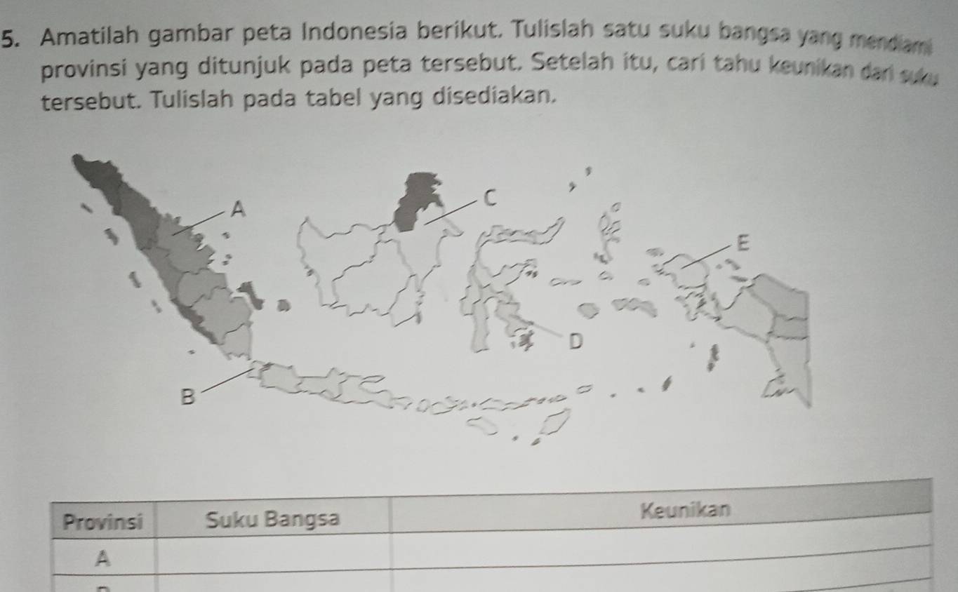 Amatilah gambar peta Indonesia berikut. Tulislah satu suku bangsa yang mendiam 
provinsi yang ditunjuk pada peta tersebut. Setelah itu, carí tahu keunikan dan suku 
tersebut. Tulislah pada tabel yang disediakan. 
Provinsi Suku Bangsa Keunikan 
A