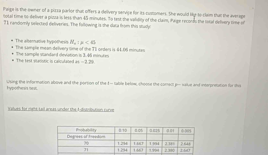 Paige is the owner of a pizza parlor that offers a delivery service for its customers. She would like to claim that the average 
total time to deliver a pizza is less than 45 minutes. To test the validity of the claim, Paige recores the total delivery time of
71 randomly selected deliveries. The following is the data from this study: 
The alternative hypothesis H_a:mu <45</tex> 
The sample mean delivery time of the 71 orders is 44.06 minutes
The sample standard deviation is 3.46 minutes
The test statistic is calculated as −2.29. 
Using the information above and the portion of the t— table below, choose the correct p— value and interpretation for this 
hypothesis test. 
Values for right-tail areas under the t-distribution curve