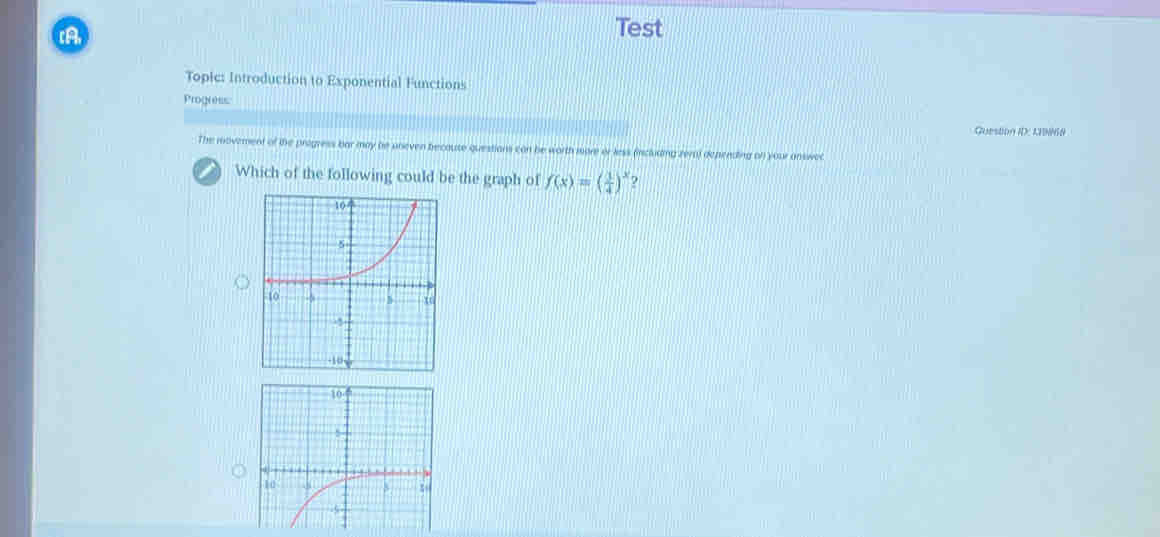 A 
Test 
Topic: Introduction to Exponential Functions 
Progwss: 
Guestion ID: K168 
The movement of the progress bar may be uneven becaute questions can be worth more or less (including zera) depending of your answed 
Which of the following could be the graph of f(x)=( 3/4 )^x ?