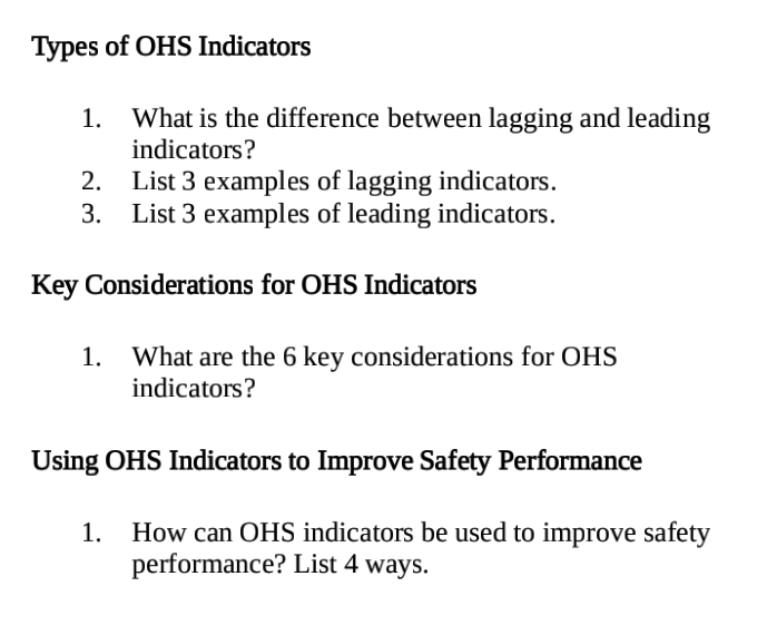 Solved: Types of OHS Indicators 1. What is the difference between ...