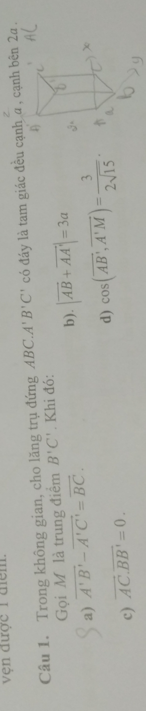 vện được 1 điểm.
Câu 1. Trong không gian, cho lăng trụ đứng A BC.A'B'C' có đáy là tam giác đều cạnh a , cạnh bên 2a.
Gọi M là trung điểm B'C'. Khi đó:
a) vector A'B'-vector A'C'=vector BC.
b). |vector AB+vector AA'|=3a
d) cos (overline AB,overline A'M)= 3/2sqrt(15) ·
c) overline AC.overline BB'=0.