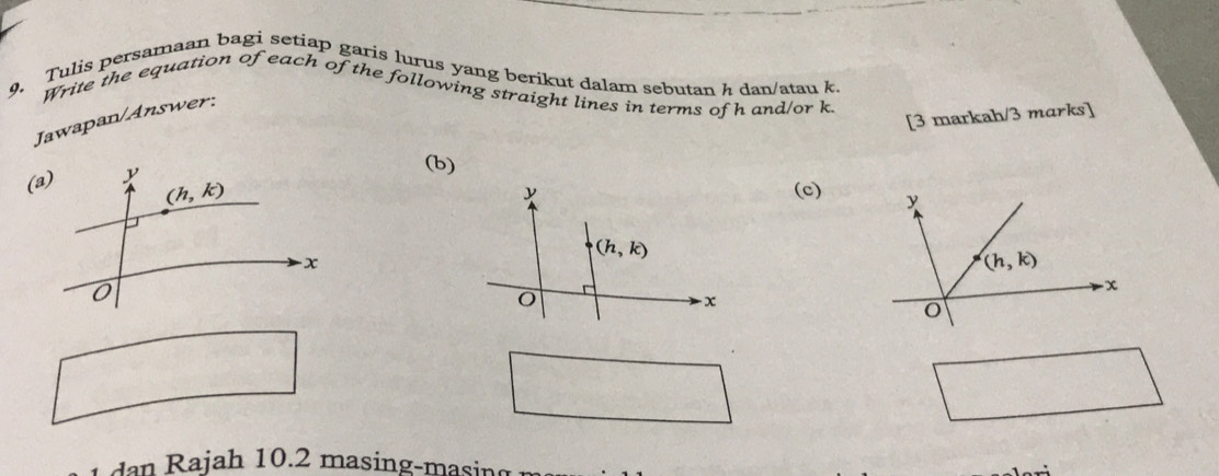 9, Tulis persamaan bagi setiap garis lurus yang berikut dalam sebutan h dan/atau k.
Write the equation of each of the following straight lines in terms of h and/or k
[3 markah/3 marks]
Jawapan/Answer:
(b)
(c)
a   ajah 10.2 masing-masing